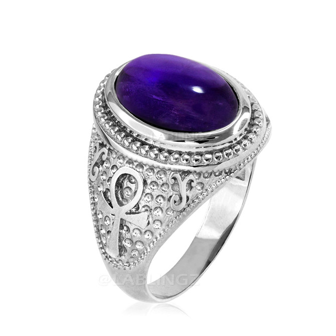 White Gold Egyptian Ankh Cross Purple Amethyst Statement Ring