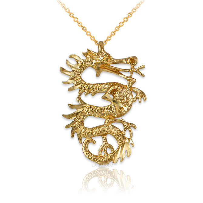 Yellow Gold Textured  Dragon DC Charm Necklace