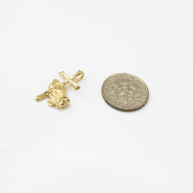 Yellow Gold Praying Hands Cross DC Charm Necklace