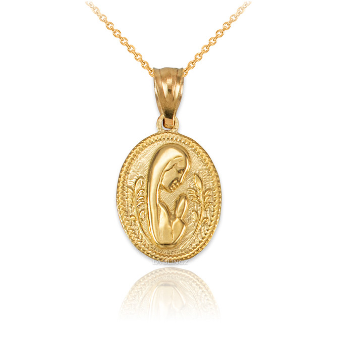 Yellow Gold Praying Virgin Mary Medallion Charm Necklace