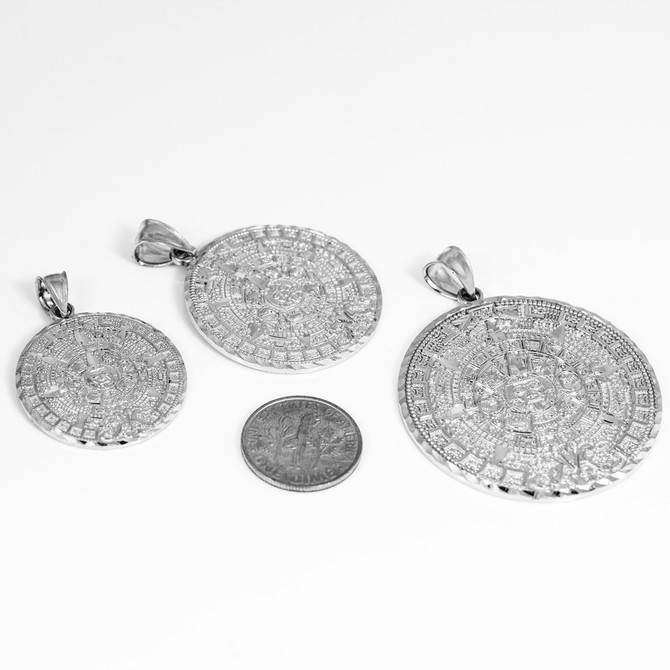 White Gold Aztec Mayan Sun Calendar Pendant