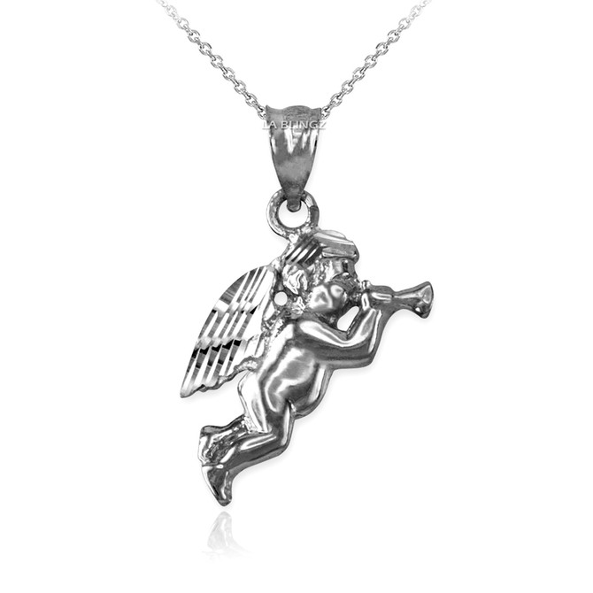 Polished White Gold Trumpeting Angel DC Charm Necklace