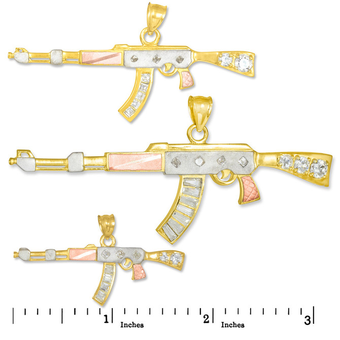 Tri-tone Gold AK-47 Rifle CZ Pendant