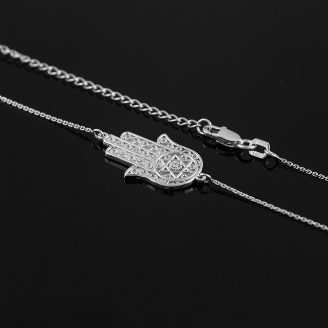 14K  White Gold Sideways Hamsa Diamond Necklace