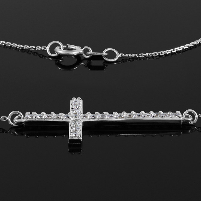 14K White Rose Gold Sideways Diamond Cross Pendant Necklace