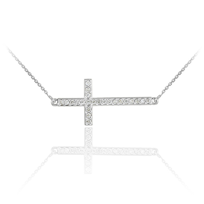 14K White Rose Gold Sideways Diamond Cross Pendant Necklace
