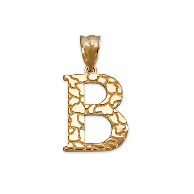 Yellow Gold Nugget Initial Letter "B" Pendant Necklace