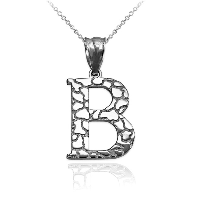 White Gold Nugget Initial Letter "B" Pendant Necklace