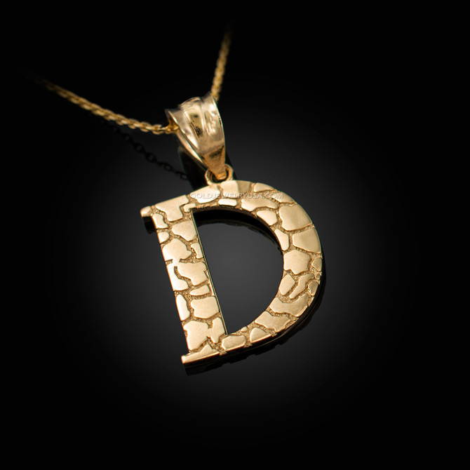Yellow Gold Nugget Initial Letter "D" Pendant Necklace