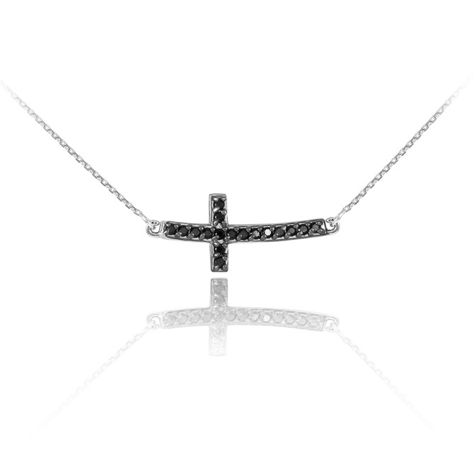 14K White Gold Sideways Black Diamond Cute Curved Cross Necklace