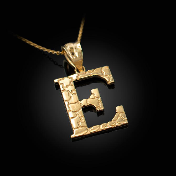 Yellow Gold Nugget Initial Letter "E" Pendant Necklace