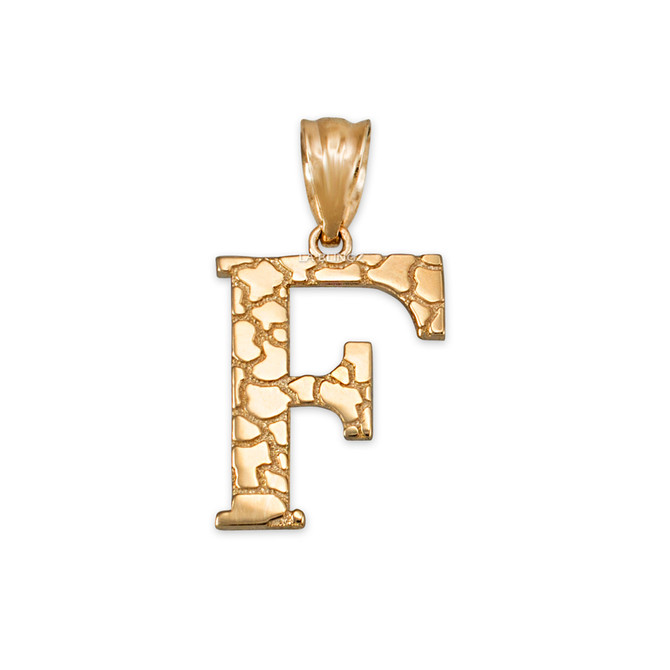 Yellow Gold Nugget Initial Letter "F" Pendant Necklace
