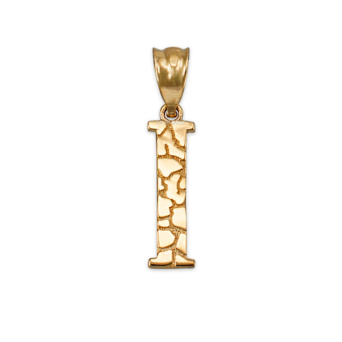 Yellow Gold Nugget Initial Letter "I" Pendant Necklace