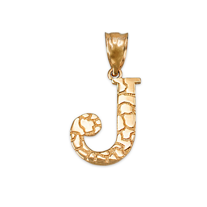 Yellow Gold Nugget Initial Letter "J" Pendant Necklace