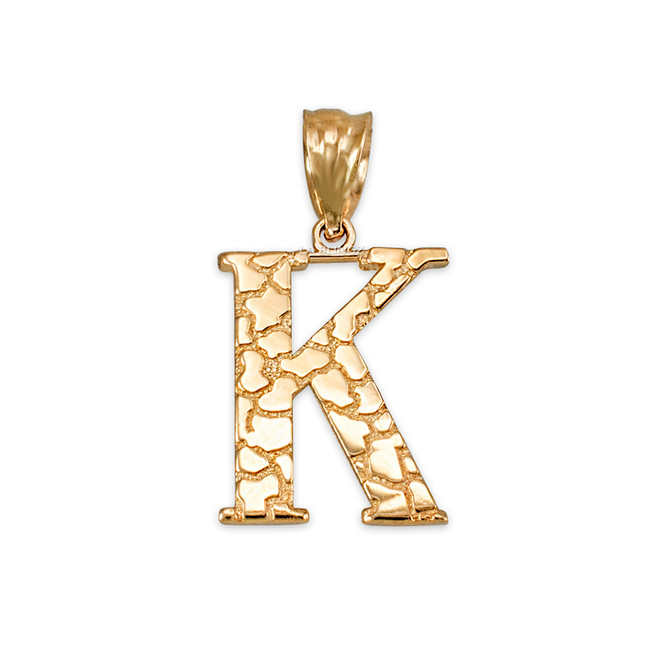 Yellow Gold Nugget Initial Letter "K" Pendant Necklace