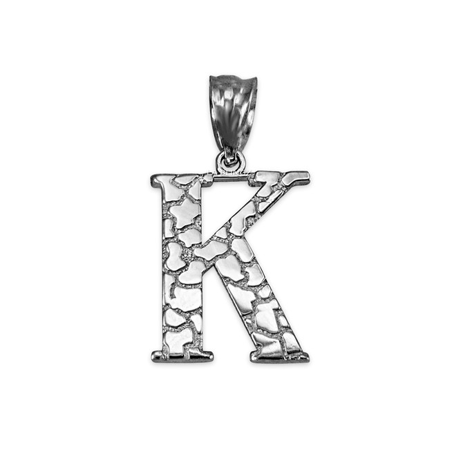 White Gold Nugget Initial Letter "K" Pendant Necklace