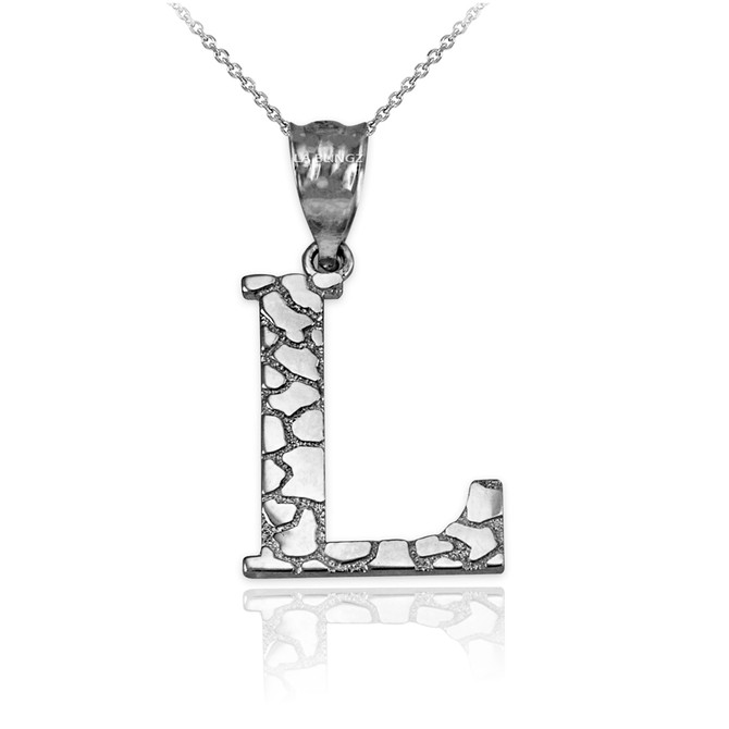 White Gold Nugget Initial Letter "L" Pendant Necklace