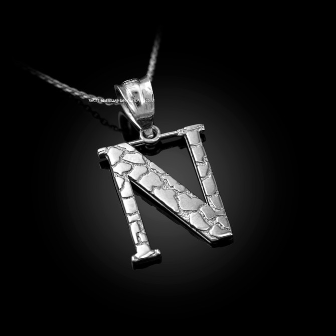 White Gold Nugget Initial Letter "N" Pendant Necklace
