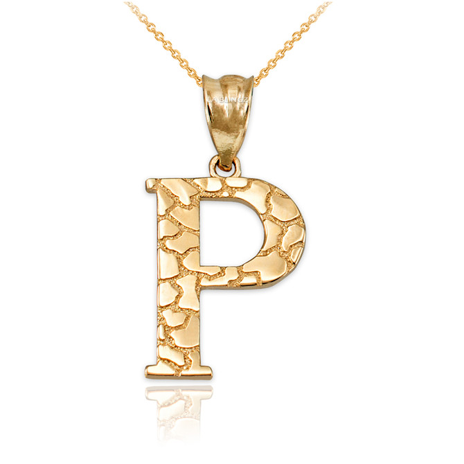 Yellow Gold Nugget Initial Letter "P" Pendant Necklace