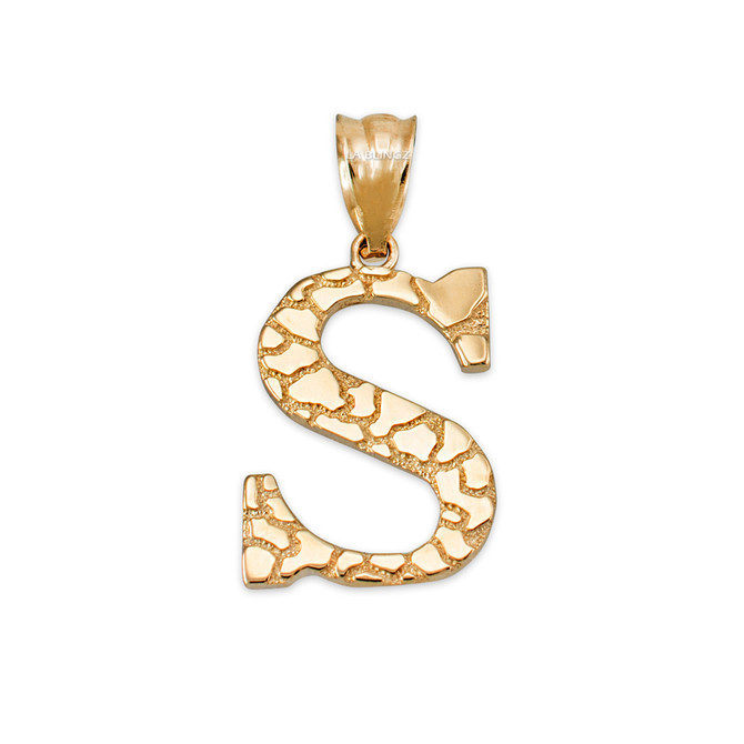Yellow Gold Nugget Initial Letter "S" Pendant Necklace