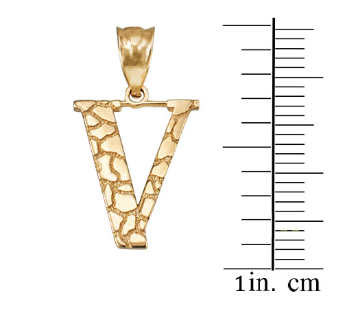 Yellow Gold Nugget Initial Letter "V" Pendant Necklace