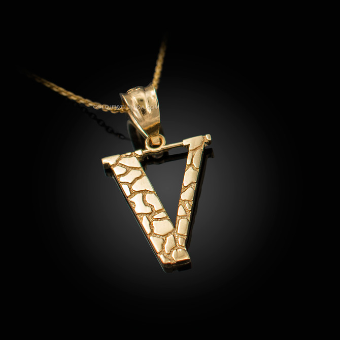 Yellow Gold Nugget Initial Letter "V" Pendant Necklace