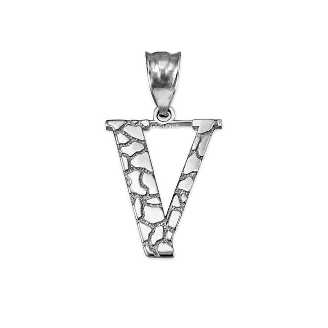White Gold Nugget Initial Letter "V" Pendant Necklace