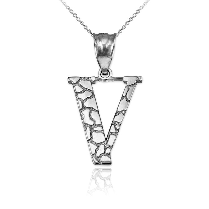 White Gold Nugget Initial Letter "V" Pendant Necklace