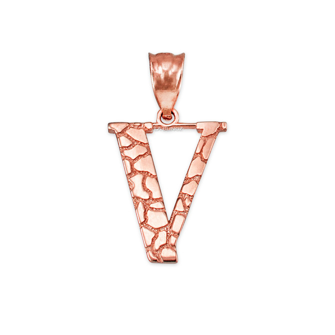 Rose Gold Nugget Initial Letter "V" Pendant Necklace