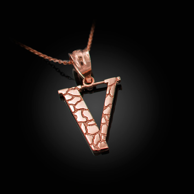 Rose Gold Nugget Initial Letter "V" Pendant Necklace
