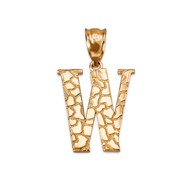 Yellow Gold Nugget Initial Letter "W" Pendant Necklace