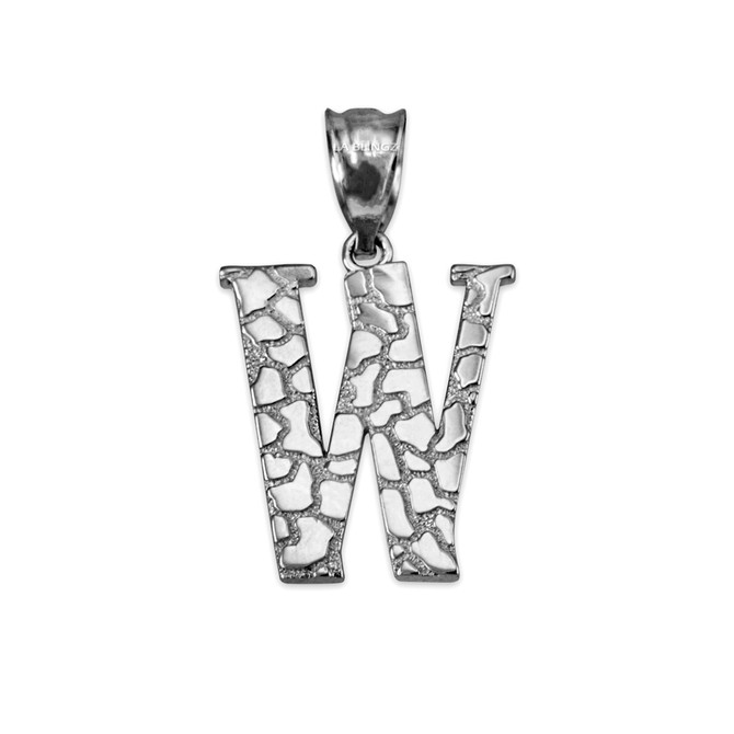 White Gold Nugget Initial Letter "W" Pendant Necklace