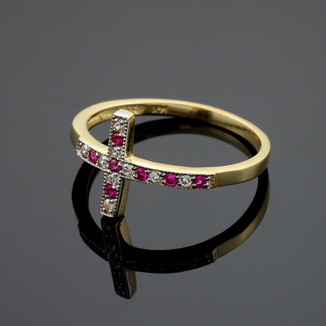 Gold Diamond Sideways Cross Ring with Rubies