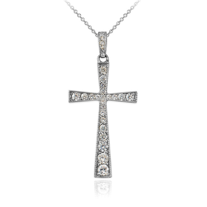 Diamond Studded Solid White Gold Cross Pendant Necklace