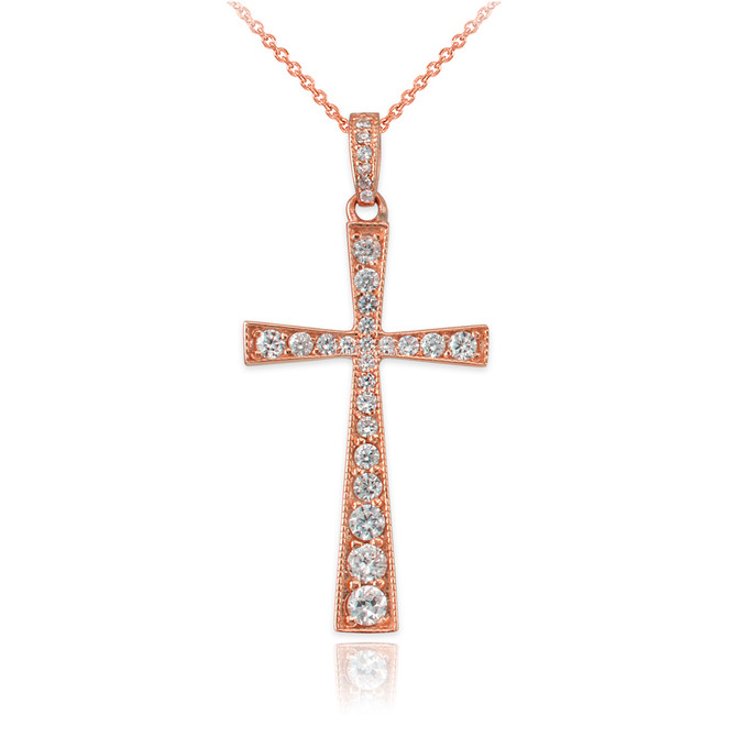 Diamond Studded Solid Rose Gold Cross Pendant Necklace