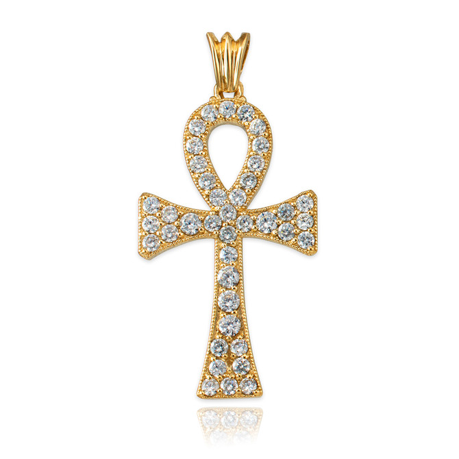 Yellow Gold Egyptian Ankh Cross CZ Pendant