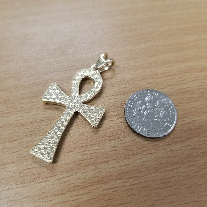 Yellow Gold Egyptian Ankh Cross CZ Pendant