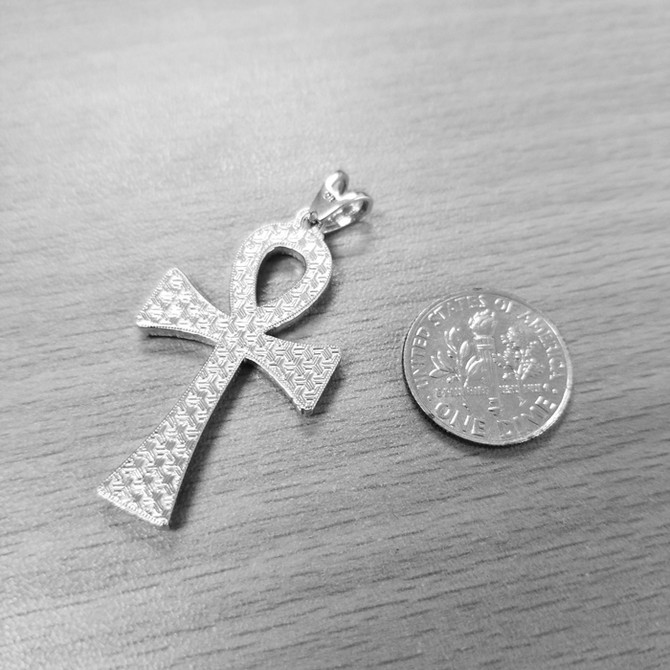 White Gold Egyptian Ankh Cross CZ Pendant