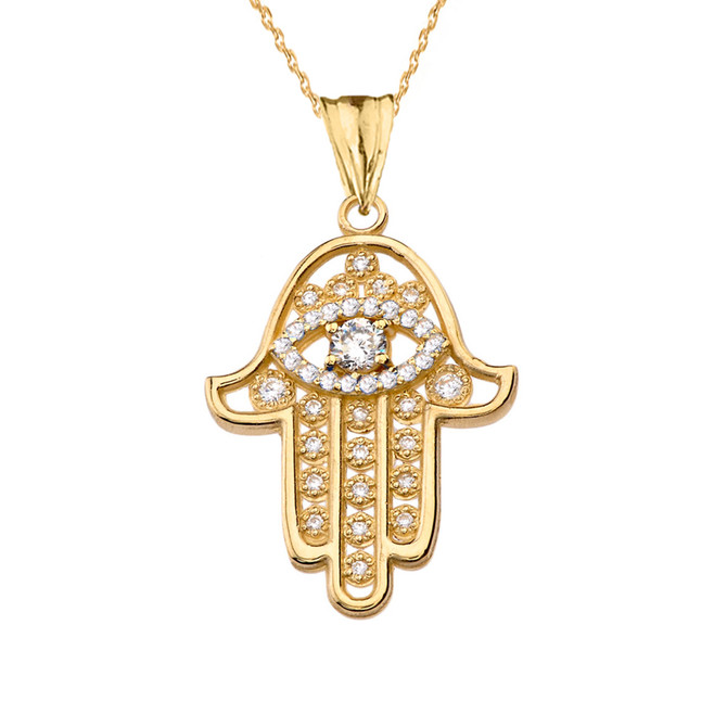 Diamond Studded Yellow Gold Hamsa Evil Eye Pendant Necklace