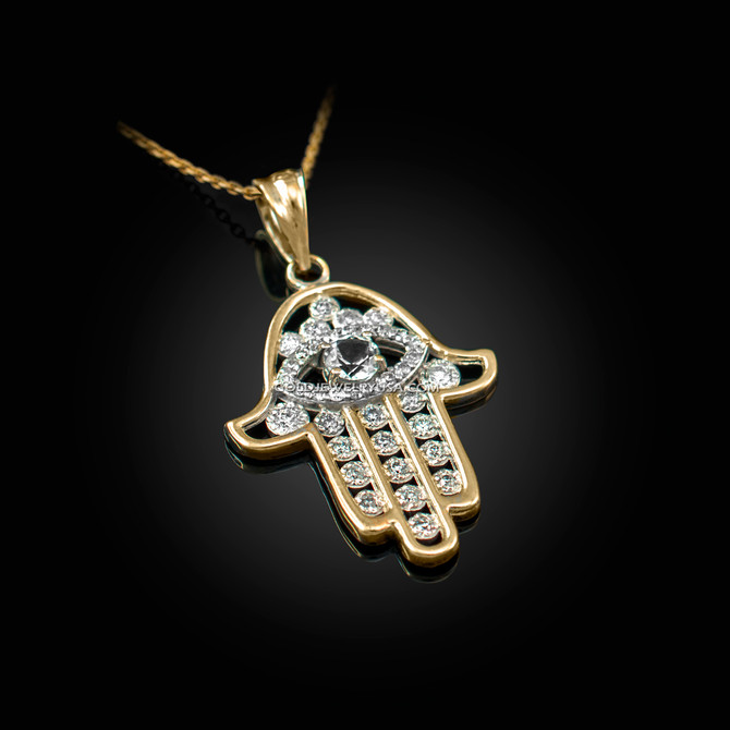 Diamond Studded Yellow Gold Hamsa Evil Eye Pendant Necklace