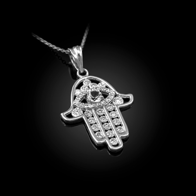 Diamond Studded White Gold Hamsa Evil Eye Pendant Necklace