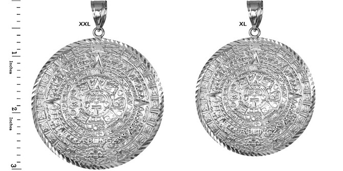 White Gold Aztec Mayan Sun Calendar Extra Large Pendant (XL/XXL)