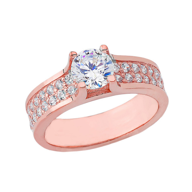 Rose Gold CZ Solitaire Pave Engagement Ring
