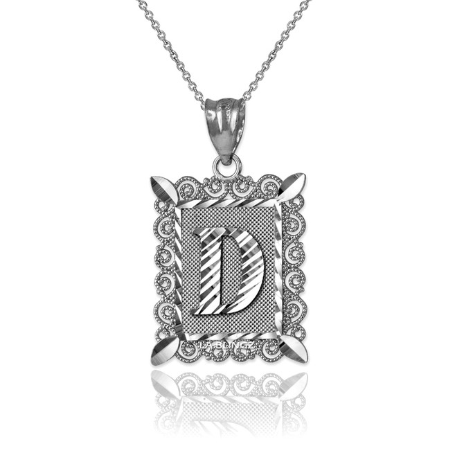 White Gold Alphabet DC Letter Initial Filigree Pendant Necklace
