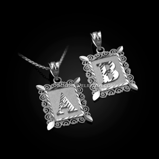 White Gold Alphabet DC Letter Initial Filigree Pendant Necklace