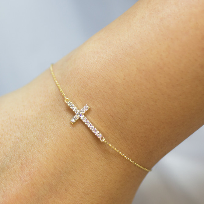 14K Gold Diamond Sideways Cross Bracelet