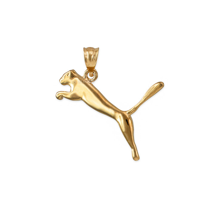 Solid Gold Jumping Puma Cat Pendant Necklace