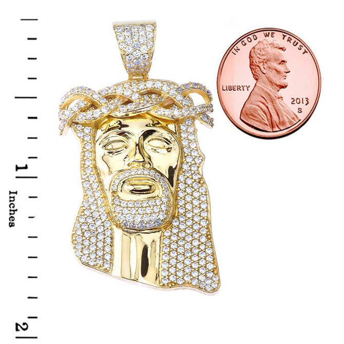 Yellow Gold Diamond Iced-Out Jesus Face Medium Pendant