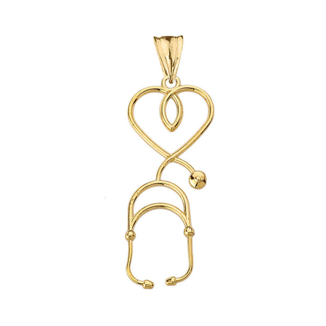 Yellow Gold Stethoscope Heart Pendant Necklace