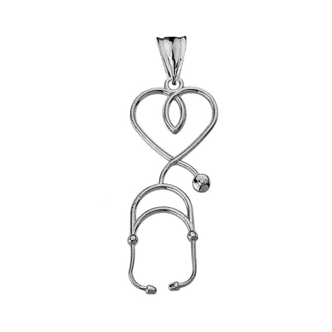 White Gold Stethoscope Heart Pendant Necklace
